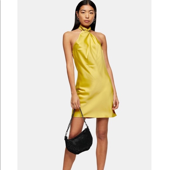 Topshop Satin Halter Neck Dress Women Yellow Short Dress Polyester Topshop Satin Halter Neck Dress Women Yellow Short Dress Polyester